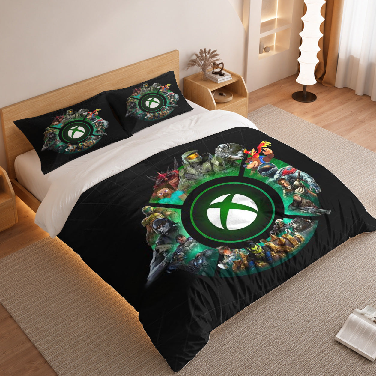 Gamer Duvet Cover Set with Green Geometric Xbox Logo 2