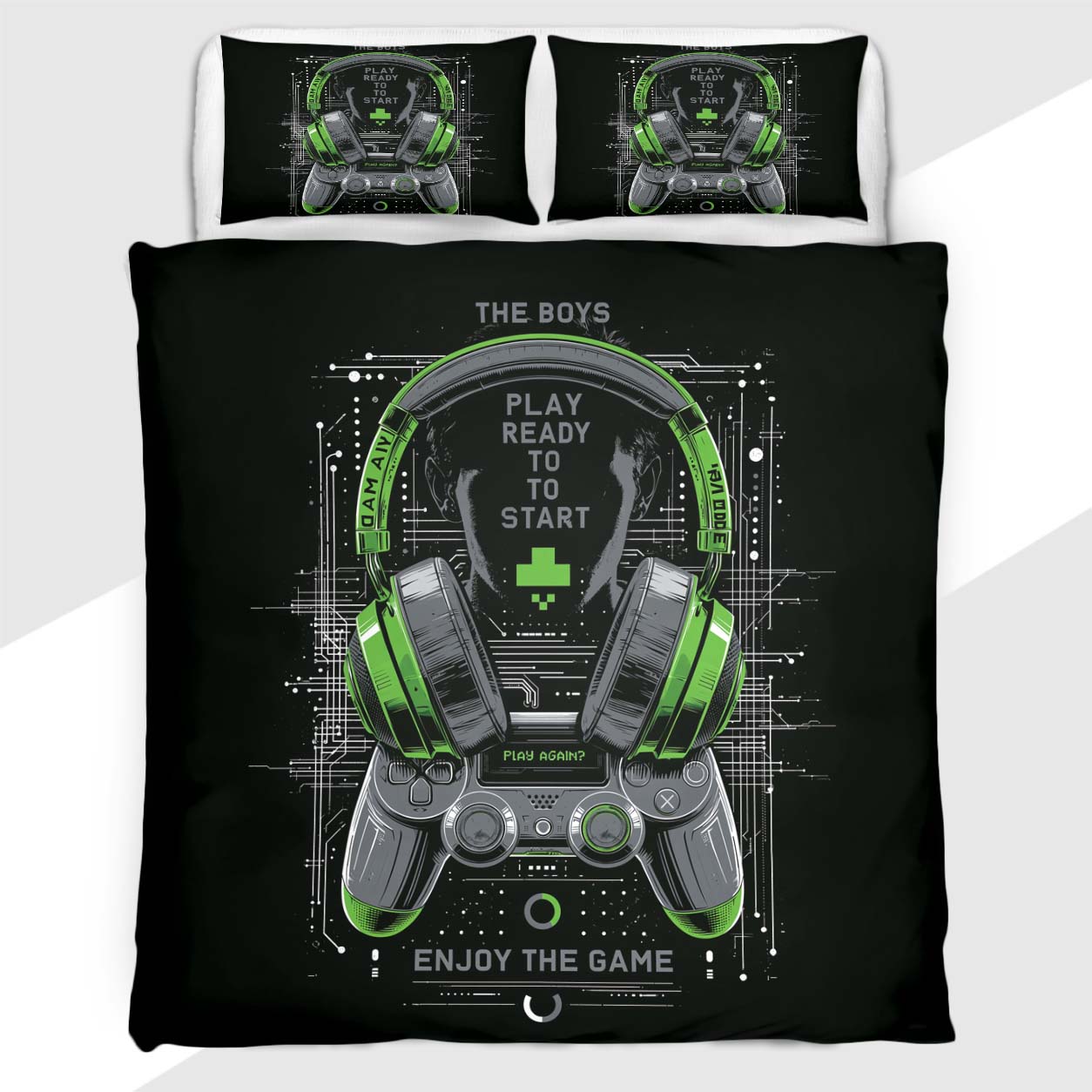 Gamer Duvet Cover Set with Matrix Green Headset and Controller
