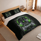 Gamer Duvet Cover Set with Matrix Green Headset and Controller 2
