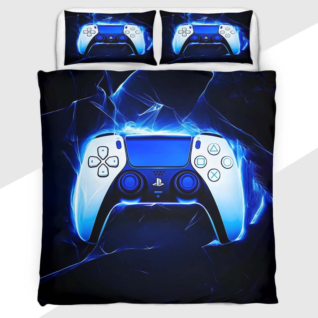 Gamer Duvet Cover Set with Blue Aura Glowing Controller