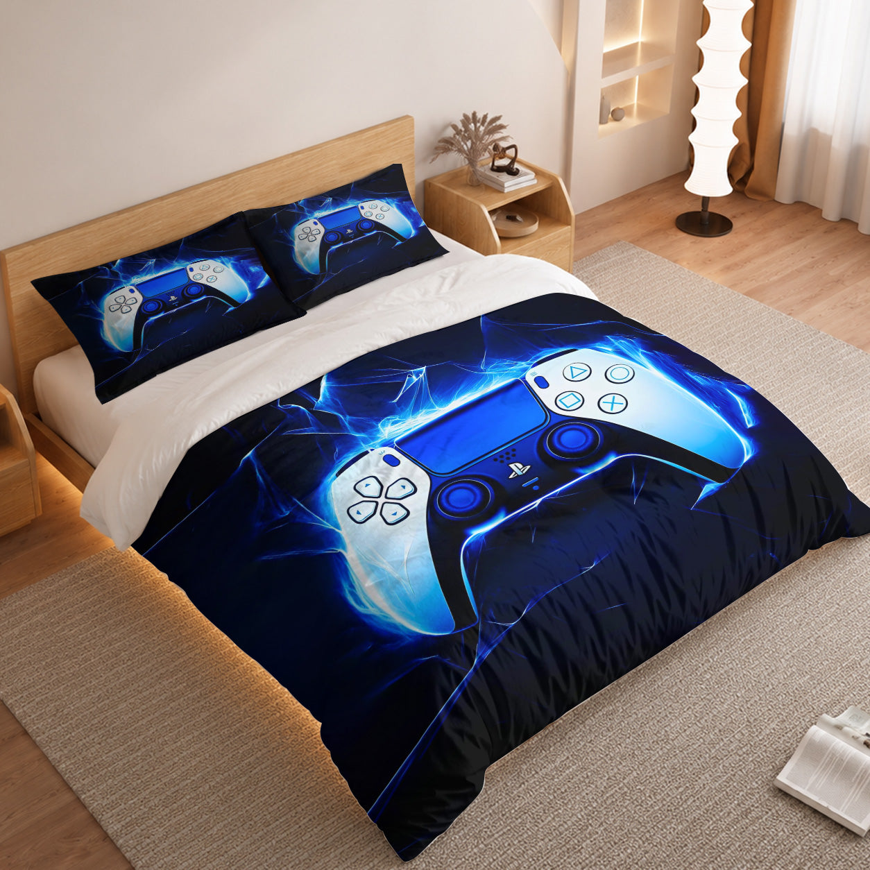 Gamer Duvet Cover Set with Blue Aura Glowing Controller 2