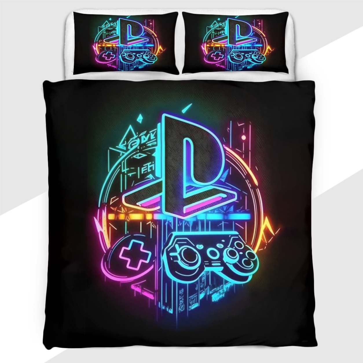 Gamer Duvet Cover Set with Neon Circle PlayStation Logo