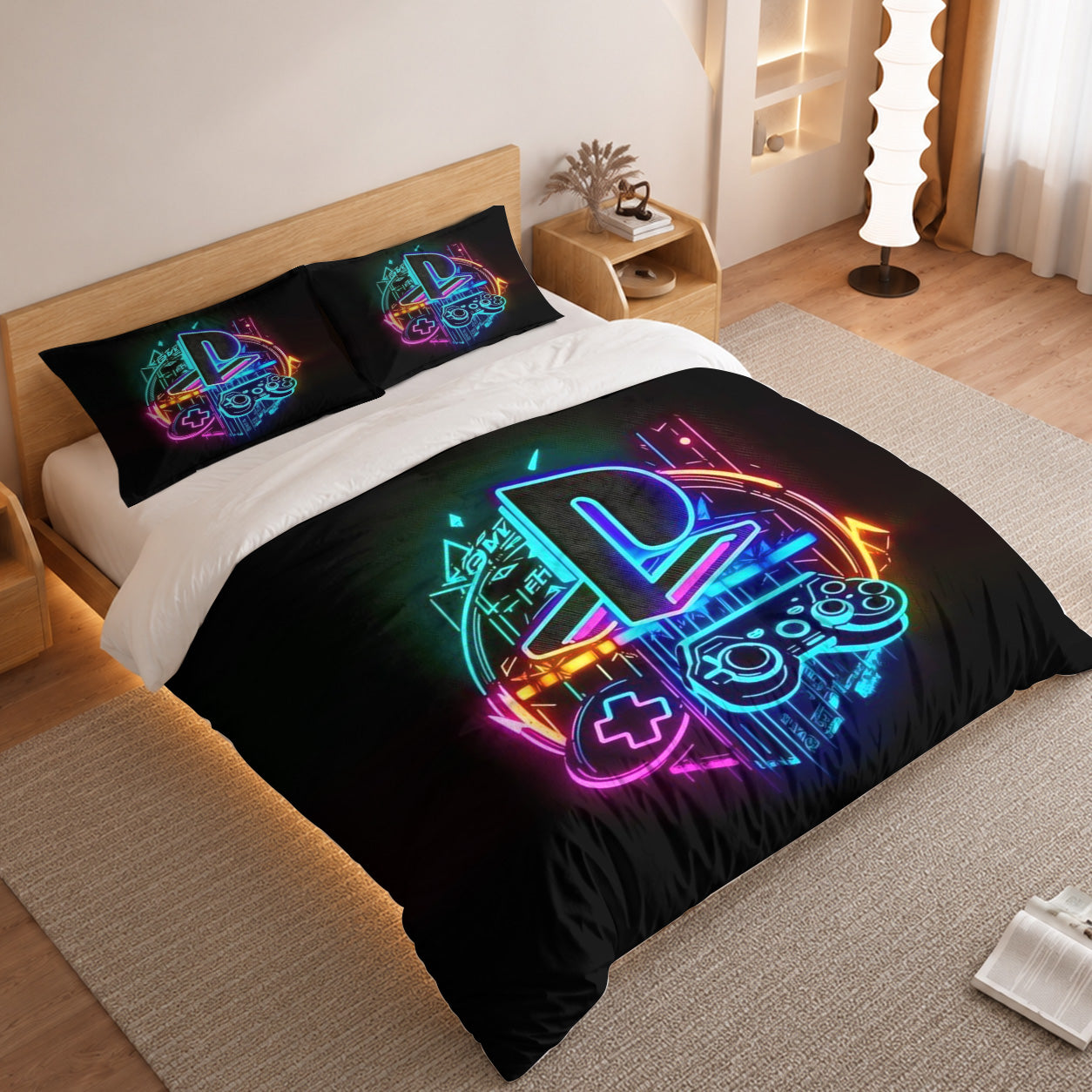 Gamer Duvet Cover Set with Neon Circle PlayStation Logo 2