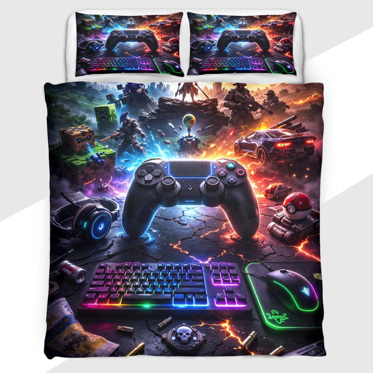 Gamer Duvet Cover Set with RGB Cosmic Gaming Setup