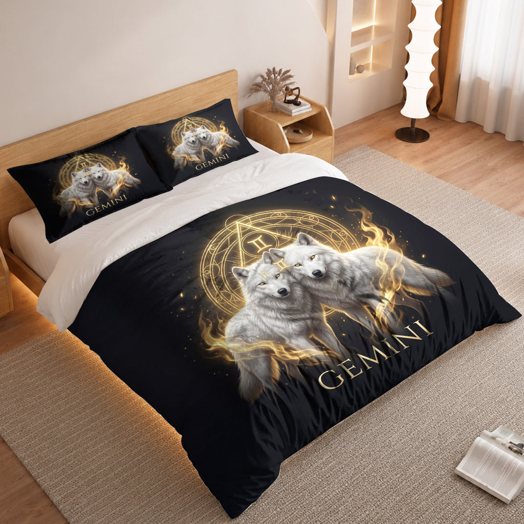 Gemini Celestial Golden Twin Wolves Duvet Cover Bedding Set 2