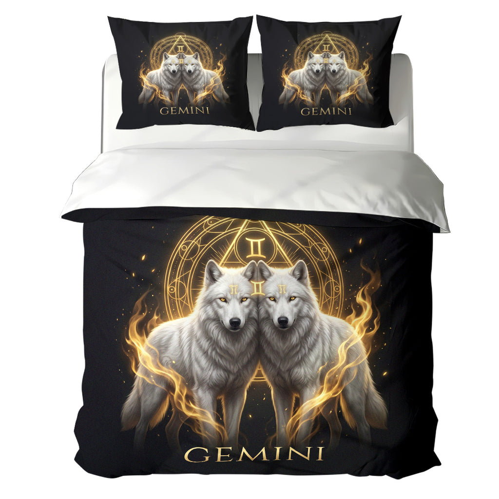 Gemini Celestial Golden Twin Wolves Duvet Cover Bedding Set