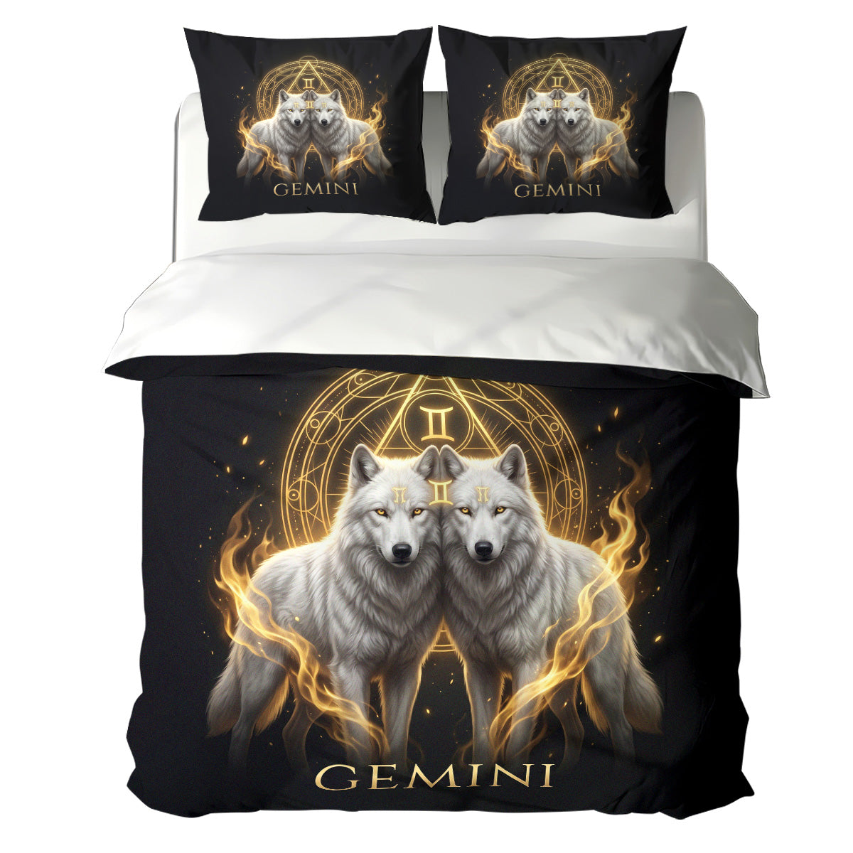 Gemini Celestial Golden Twin Wolves Duvet Cover Bedding Set