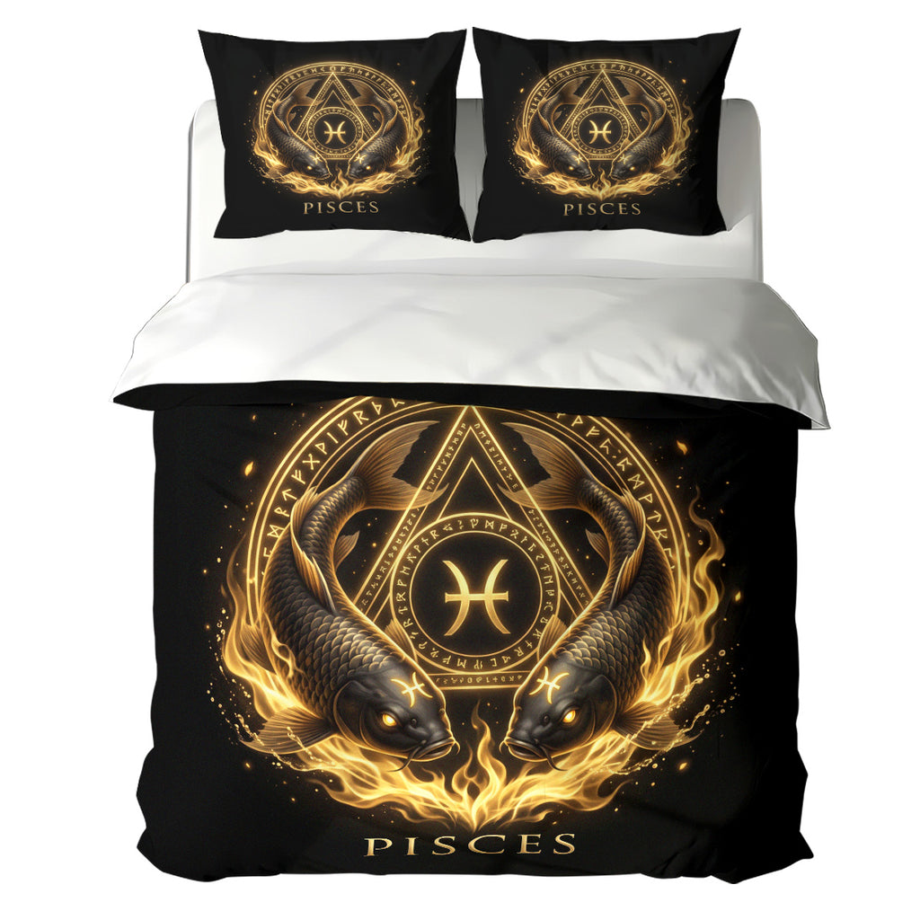 Pisces Astral Golden Twin Fish Duvet Cover Bedding Set