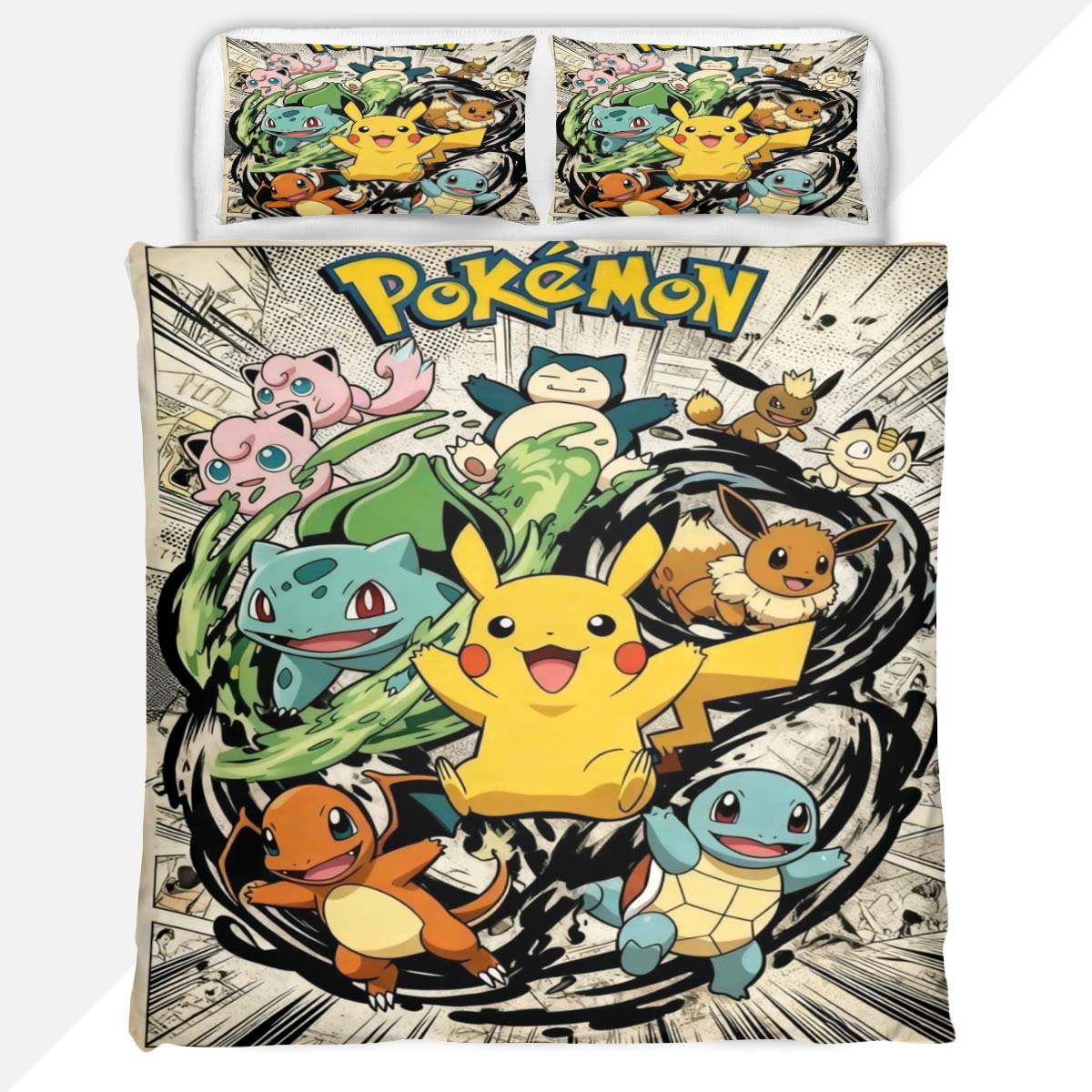Pokemon Duvet Cover Set with Kanto Starters Comic Style